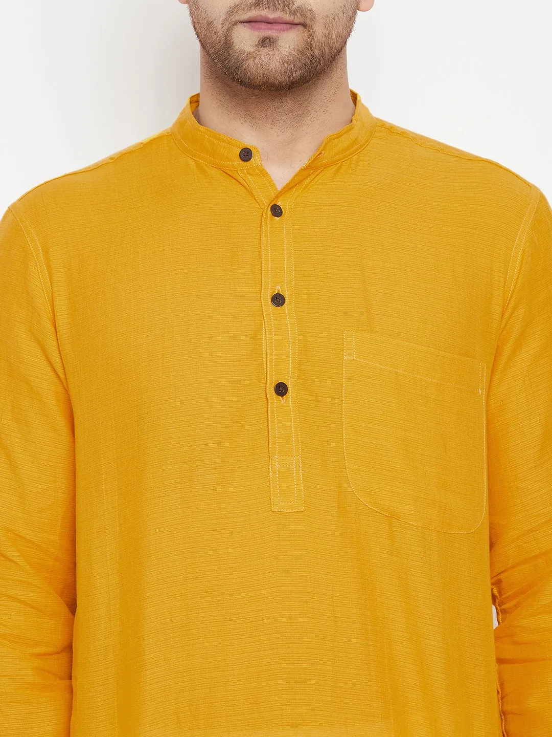 Men's Yellow Color Long Kurta with Band Collar - Even Apparels