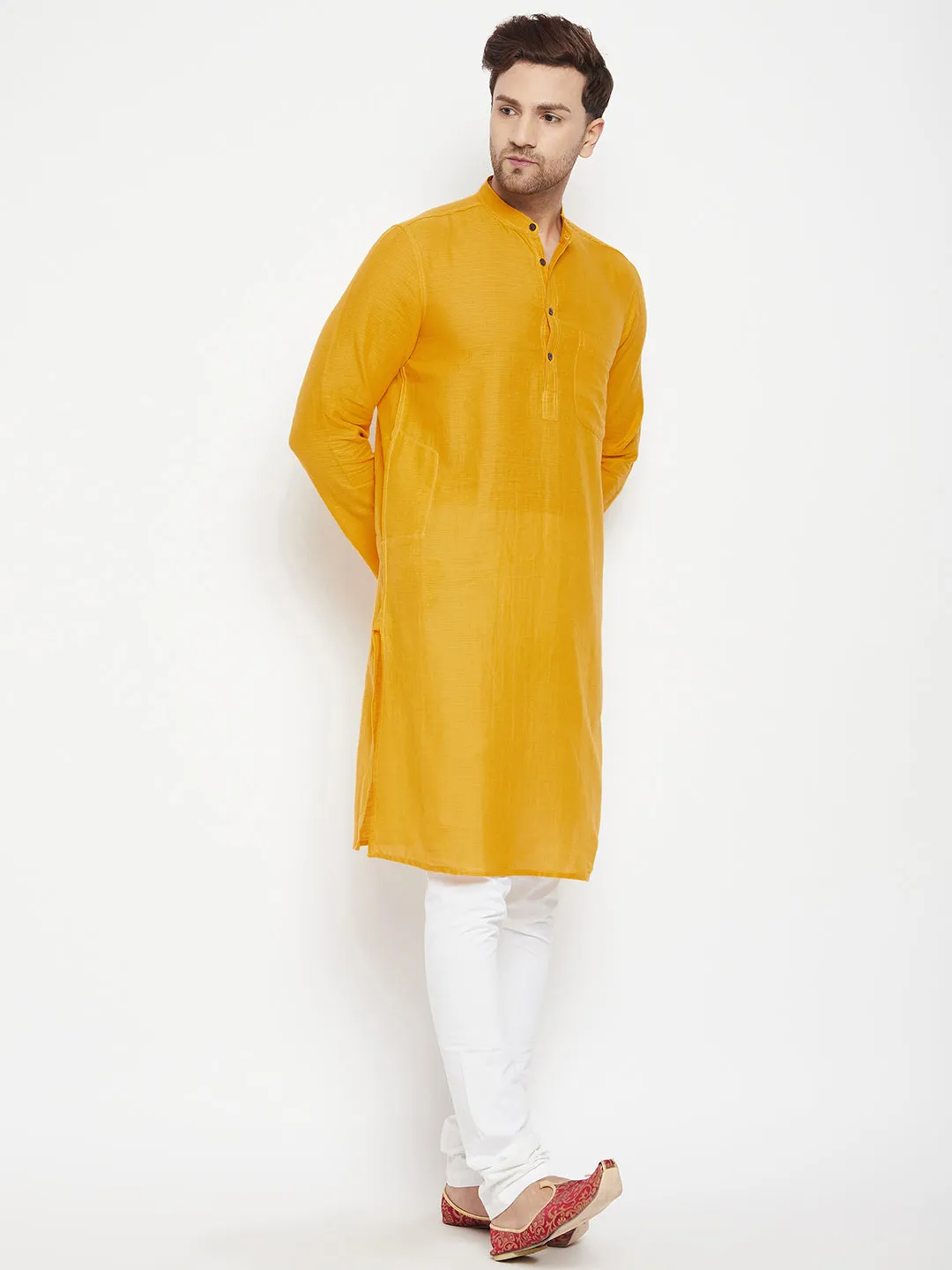 Men's Yellow Color Long Kurta with Band Collar - Even Apparels