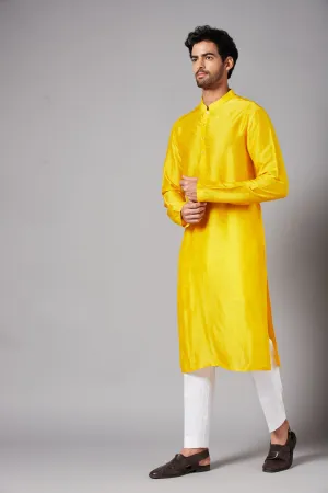 Men's Yellow Color Plain Kurta Falling Raw Silk - Hilo Design