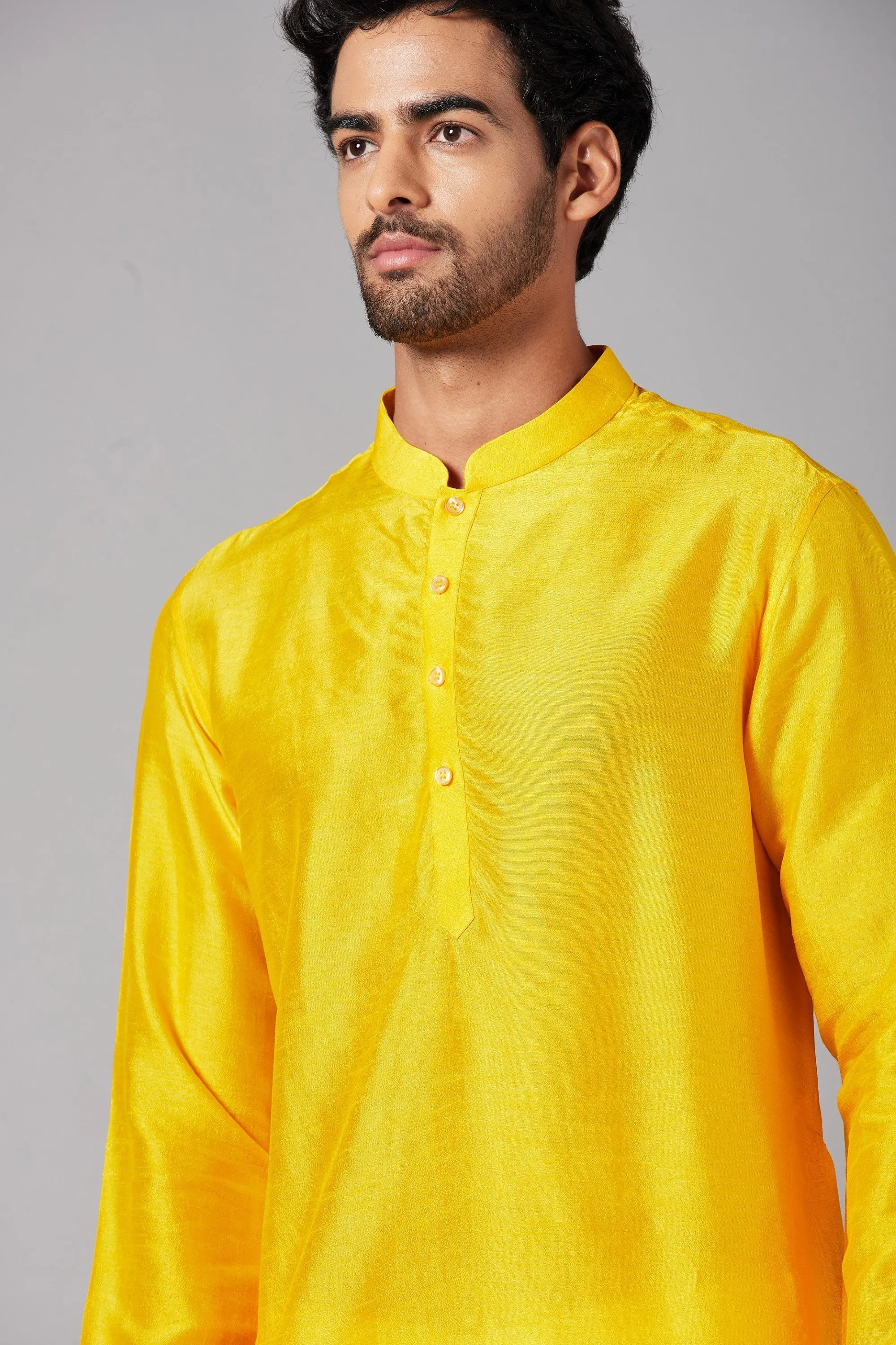 Men's Yellow Color Plain Kurta Falling Raw Silk - Hilo Design