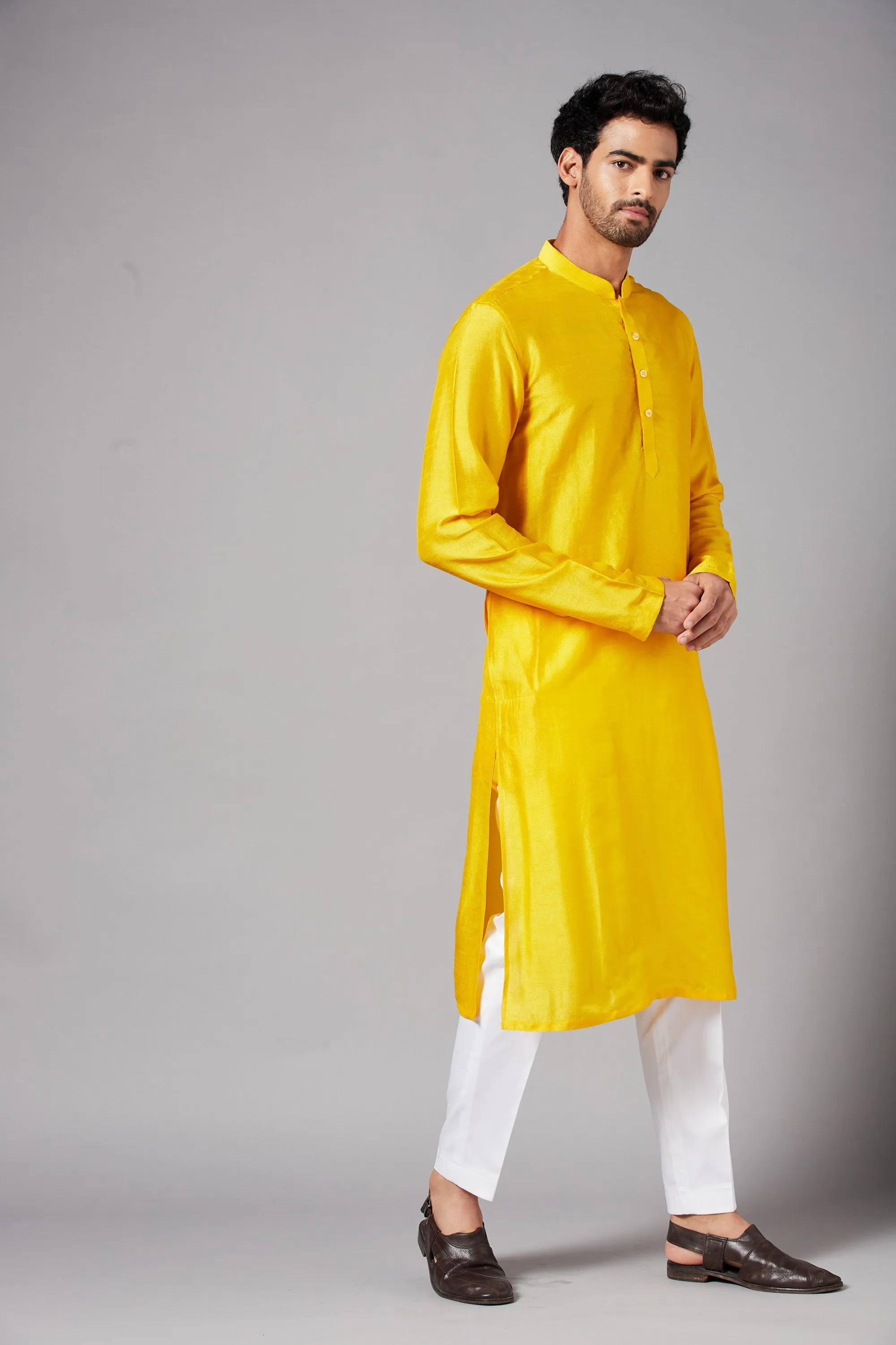 Men's Yellow Color Plain Kurta Falling Raw Silk - Hilo Design