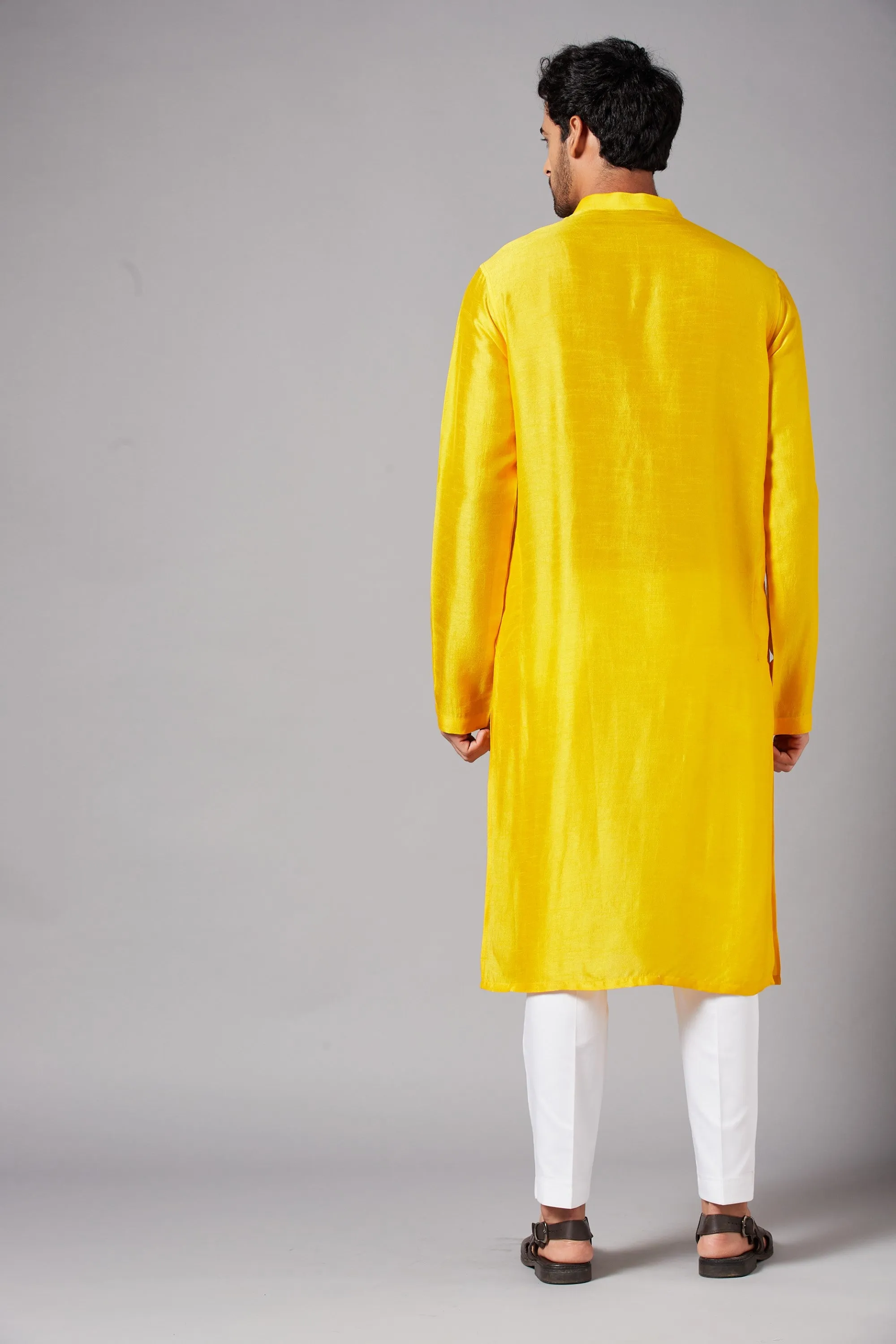 Men's Yellow Color Plain Kurta Falling Raw Silk - Hilo Design