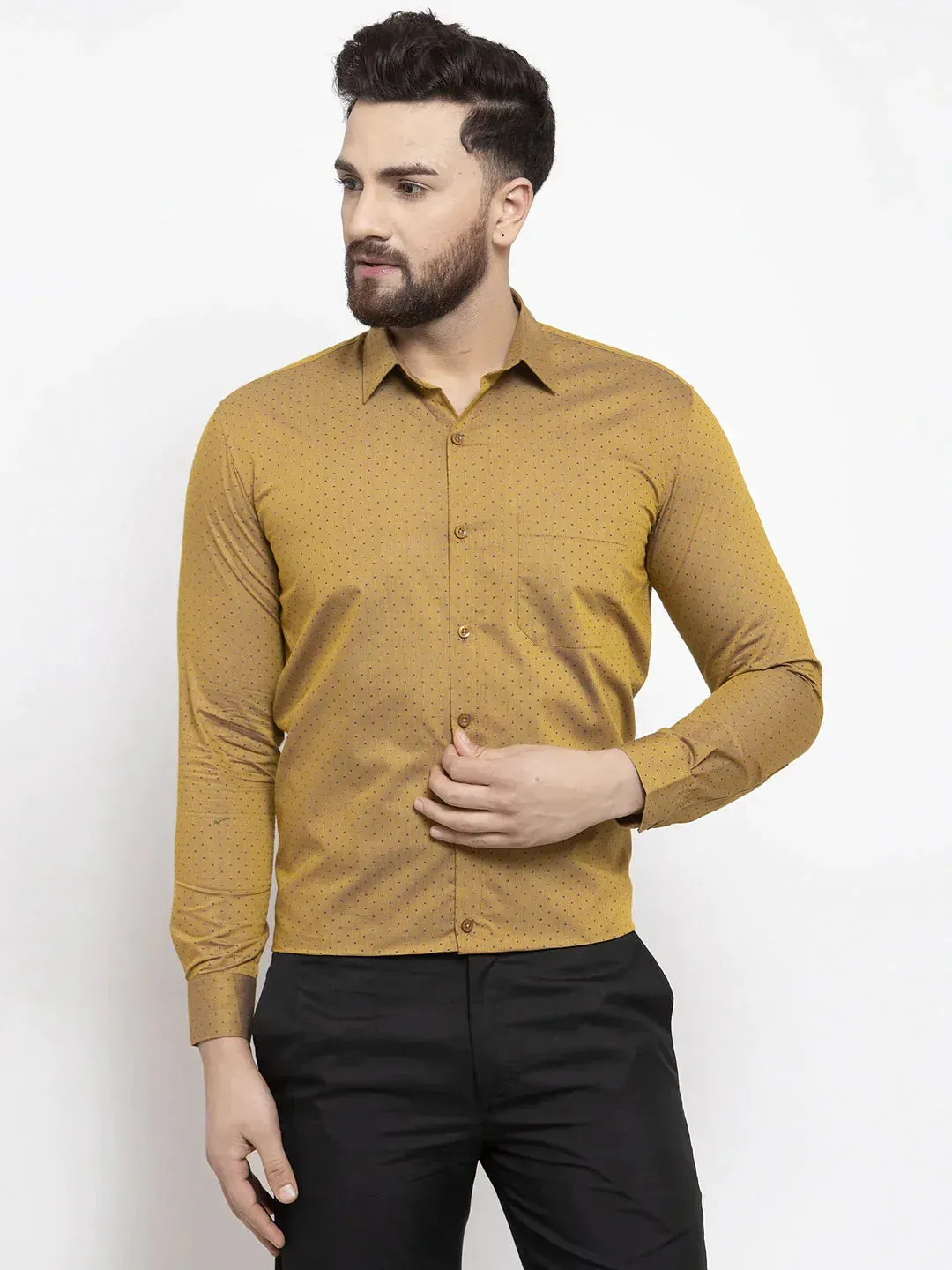 Men's Yellow Cotton Polka Dots Formal Shirts - Taantav