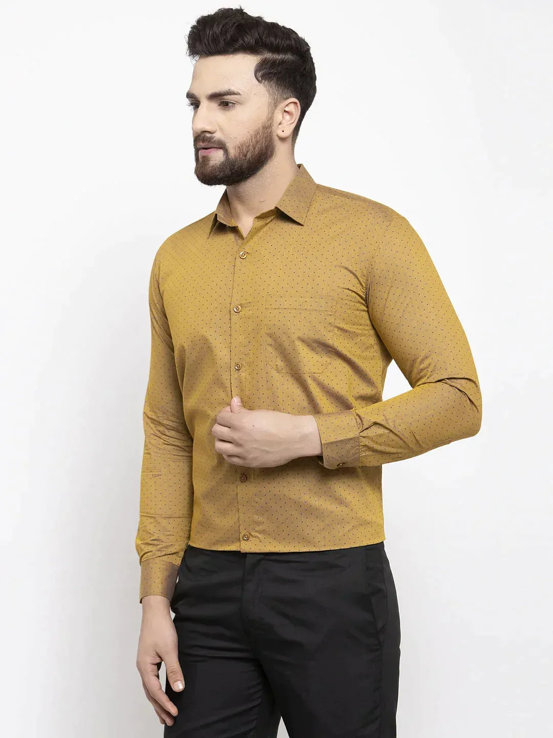 Men's Yellow Cotton Polka Dots Formal Shirts - Taantav