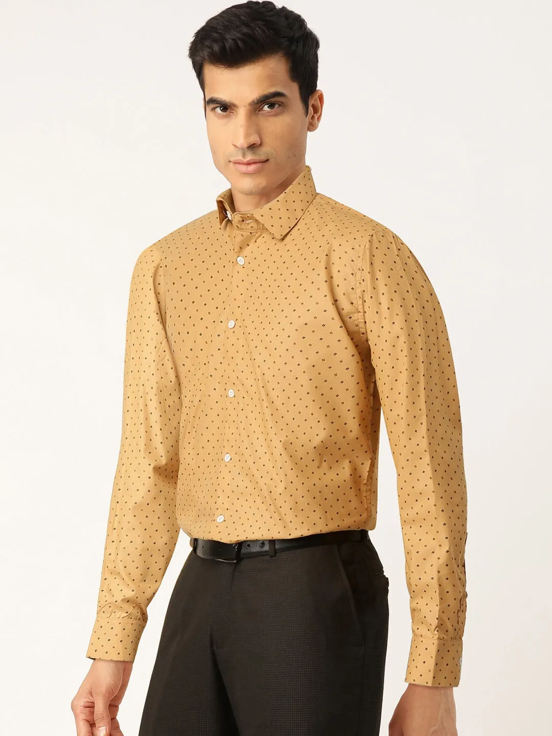 Men's Yellow Cotton Printed Formal Shirts ( SF 716Mustard ) - Jainish