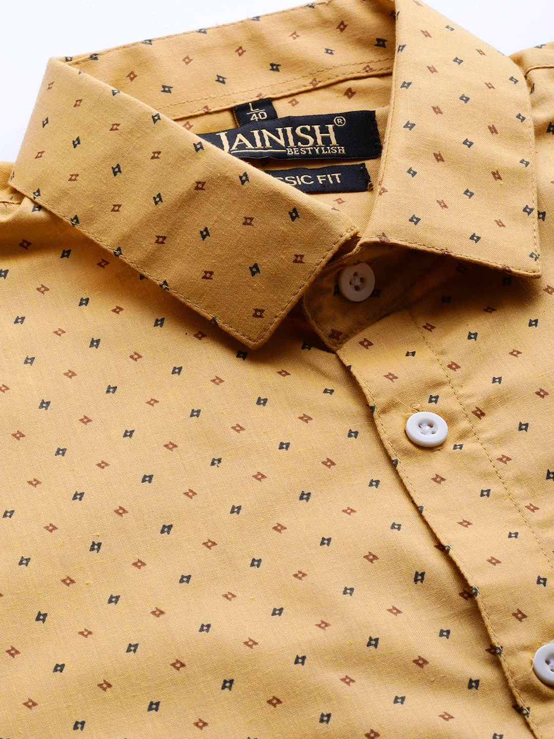 Men's Yellow Cotton Printed Formal Shirts ( SF 716Mustard ) - Jainish