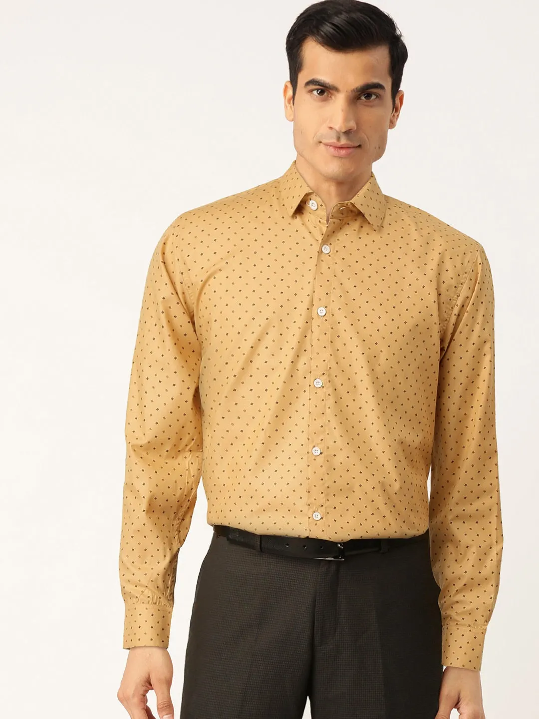 Men's Yellow Cotton Printed Formal Shirts ( SF 716Mustard ) - Jainish