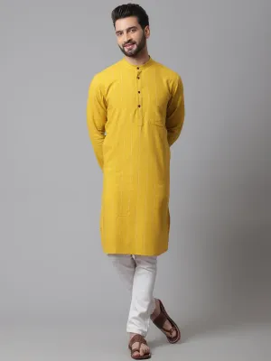 Men's Yellow Pure Cotton Kurta With Band Collar - Even Apparels