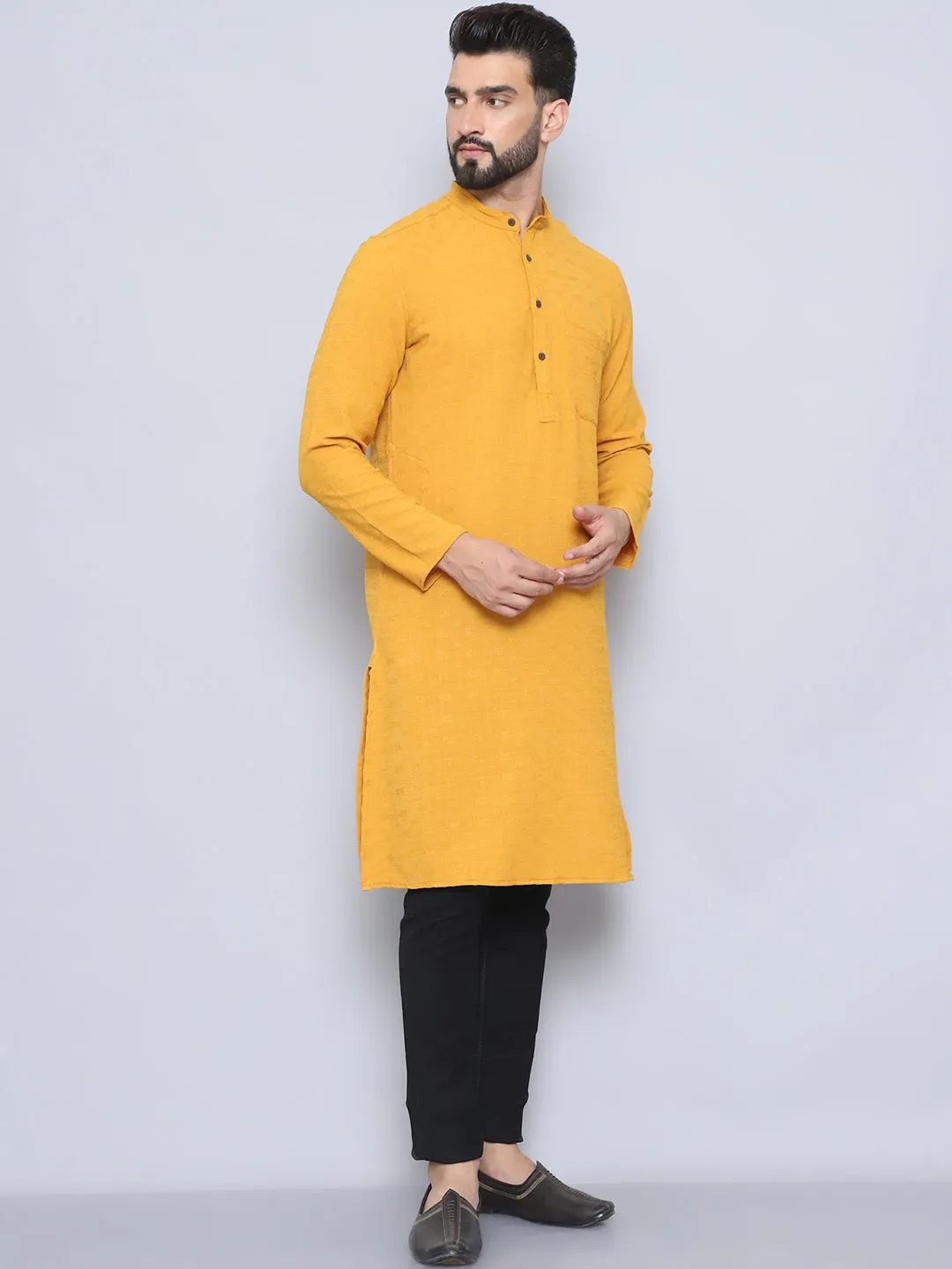 Men's Yellow Pure Rayon Self Design Kurta - Even Apparels