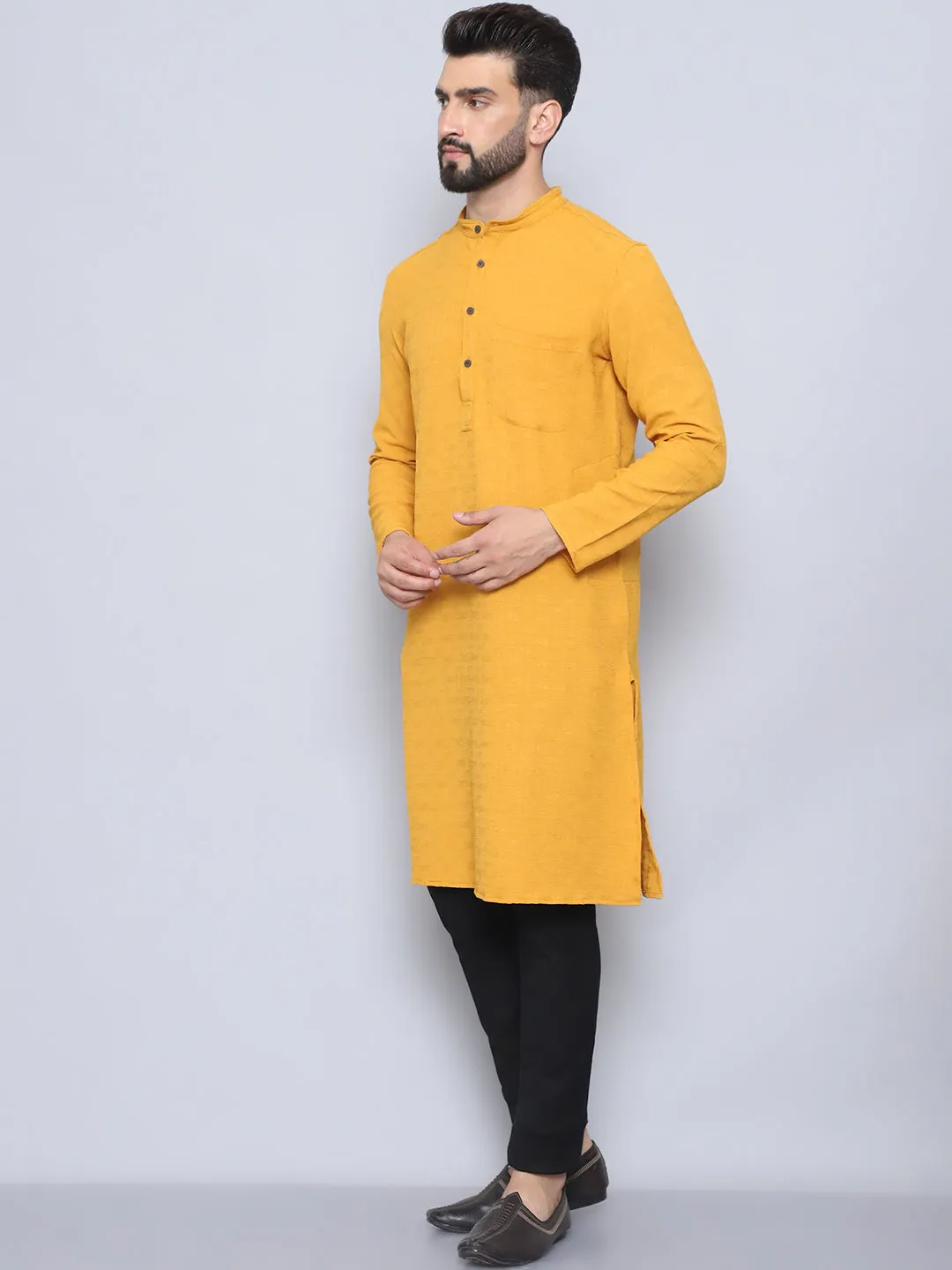 Men's Yellow Pure Rayon Self Design Kurta - Even Apparels