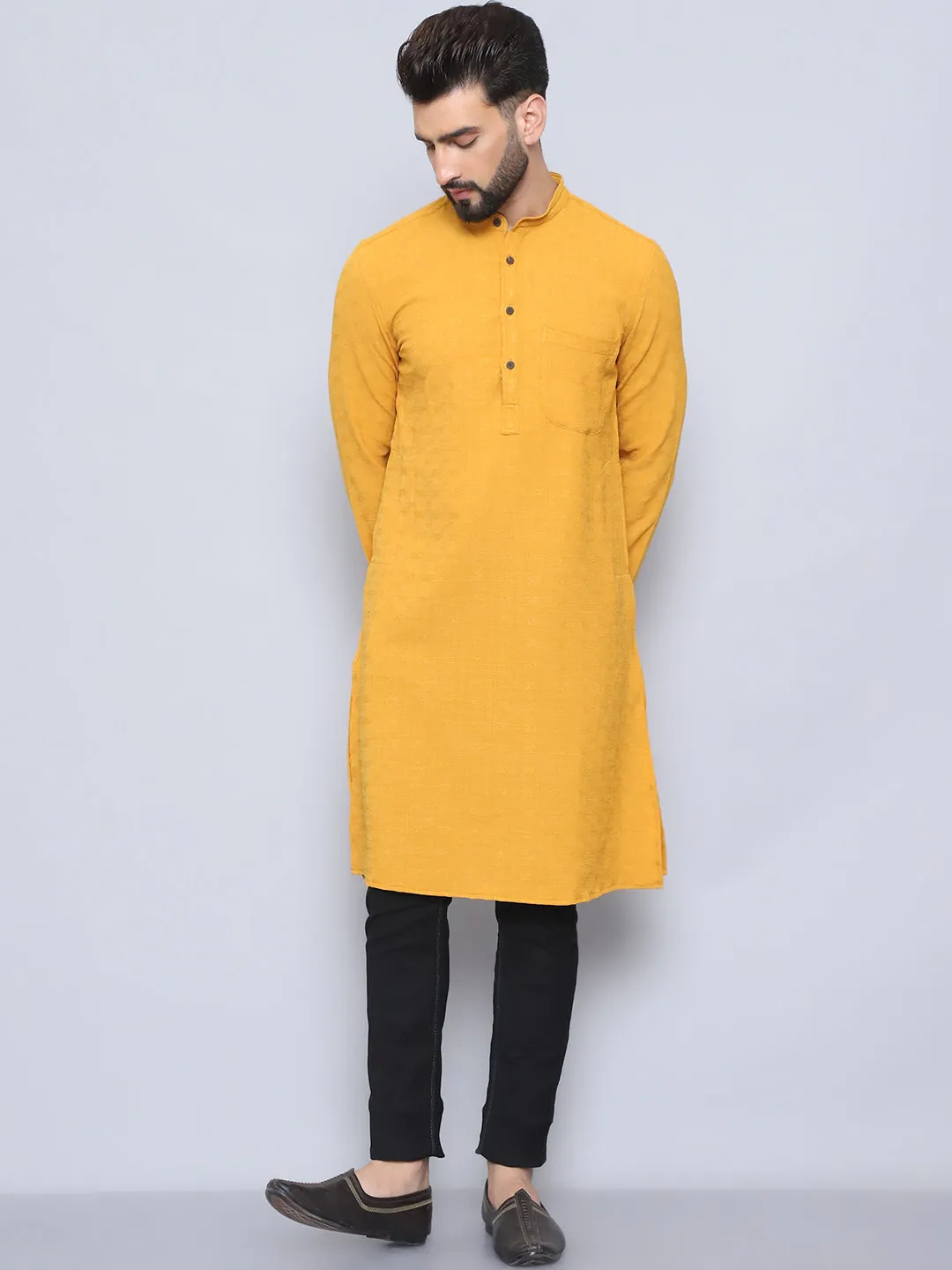 Men's Yellow Pure Rayon Self Design Kurta - Even Apparels