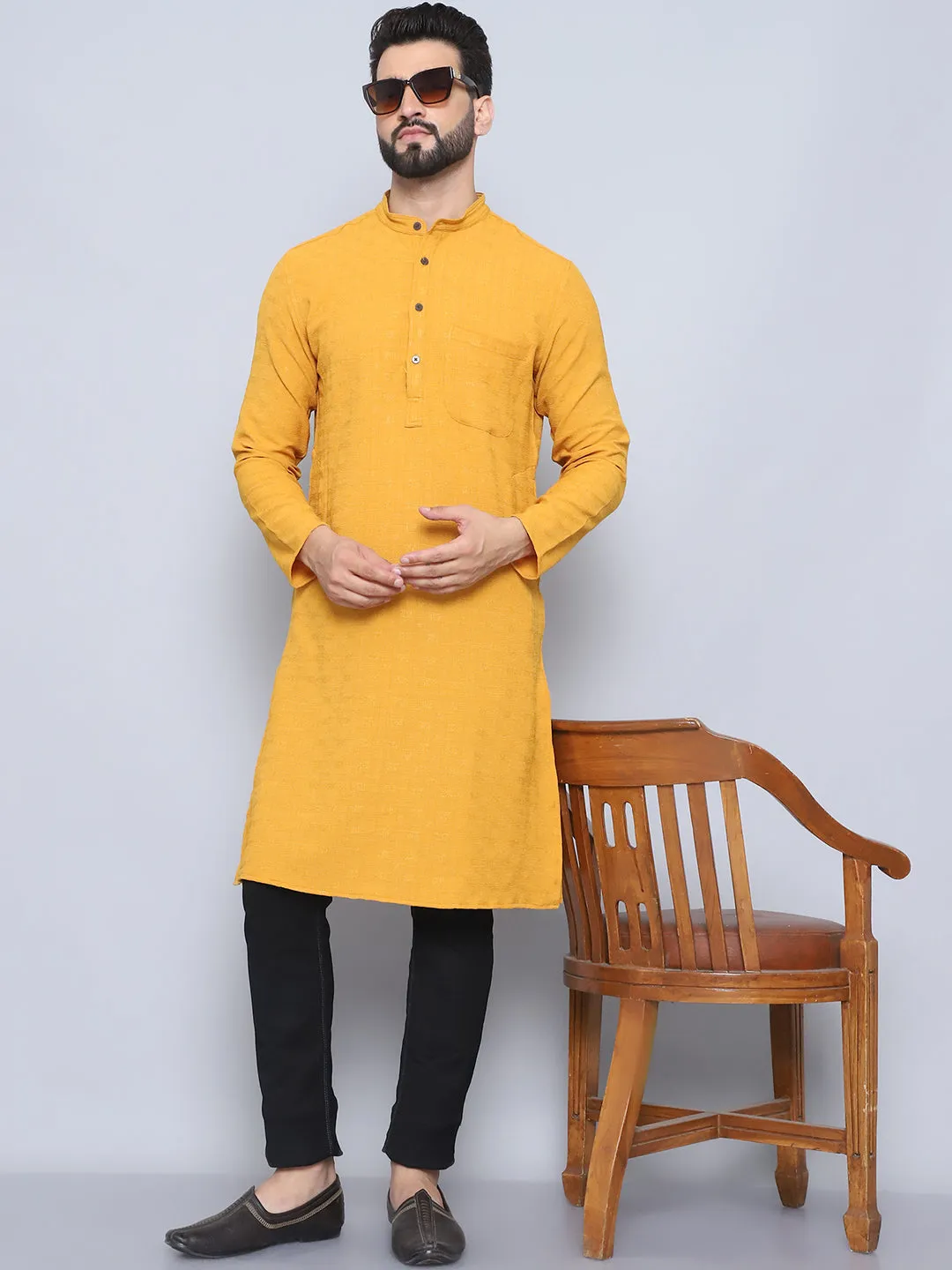 Men's Yellow Pure Rayon Self Design Kurta - Even Apparels