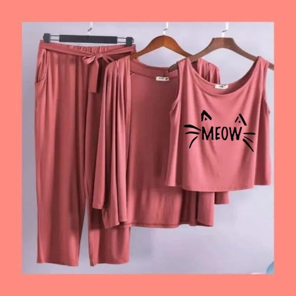 Meow Women Night Suit PJ 3 Pieces Set