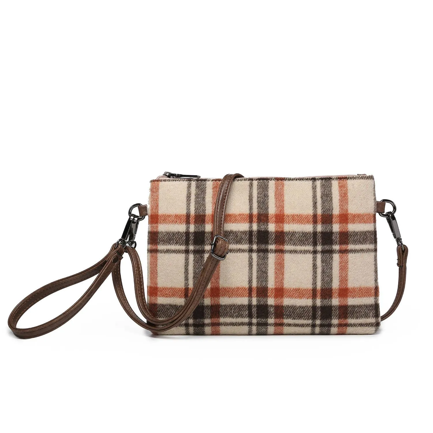 Meriam Clutch Crossbody/Wristlet - Brown & Cream Plaid