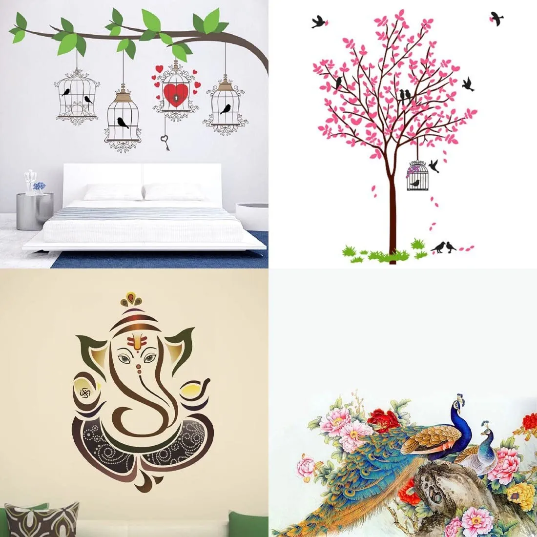 Merical Birdcase Key, Pink Tree Bird & Nest, Royal Ganesh, Royal Peacock Wall Stickers for Living Room, Hall, Wall D�cor (Material: PVC Vinyl)