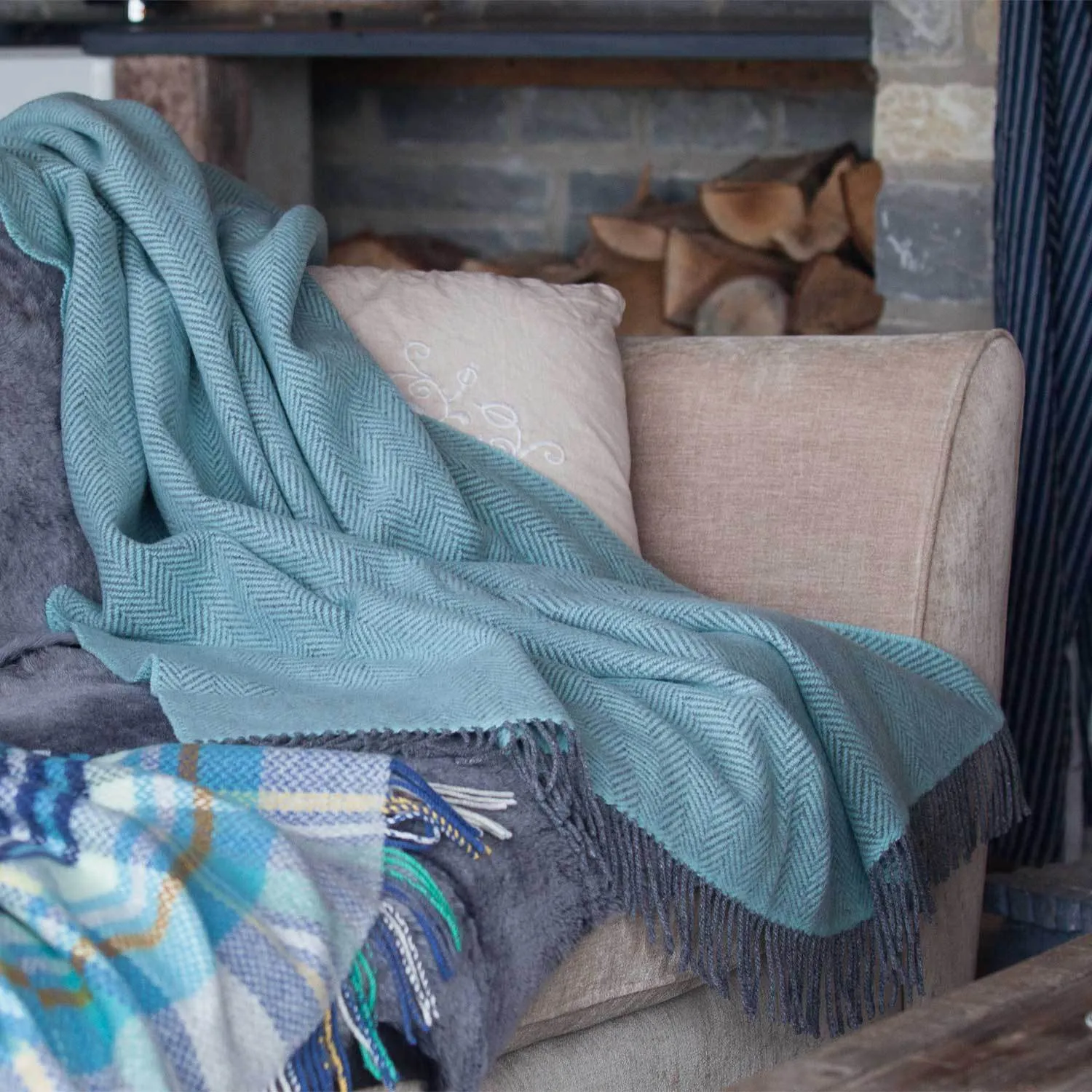 Merino Cashmere Blend Throw Duck Egg and Grey Herringbone