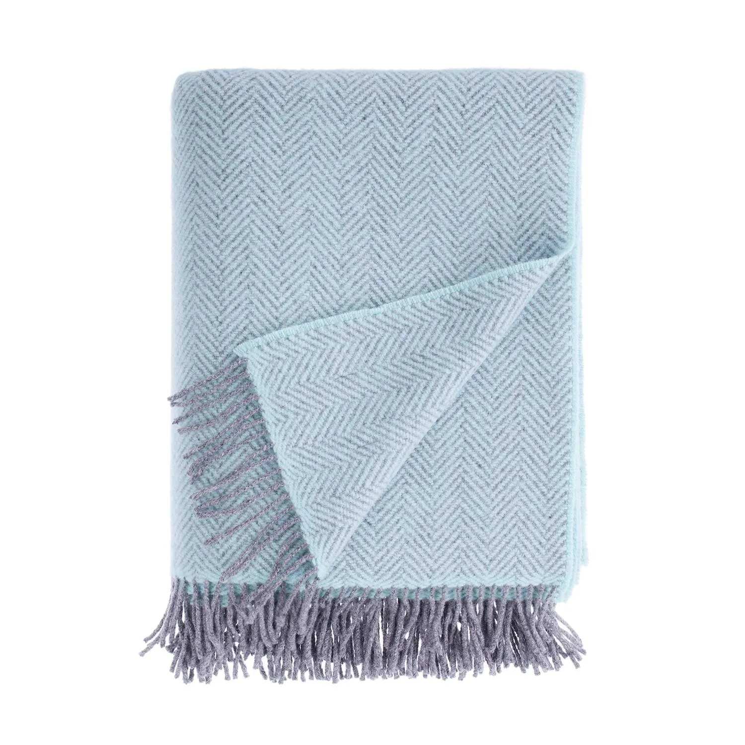 Merino Cashmere Blend Throw Duck Egg and Grey Herringbone