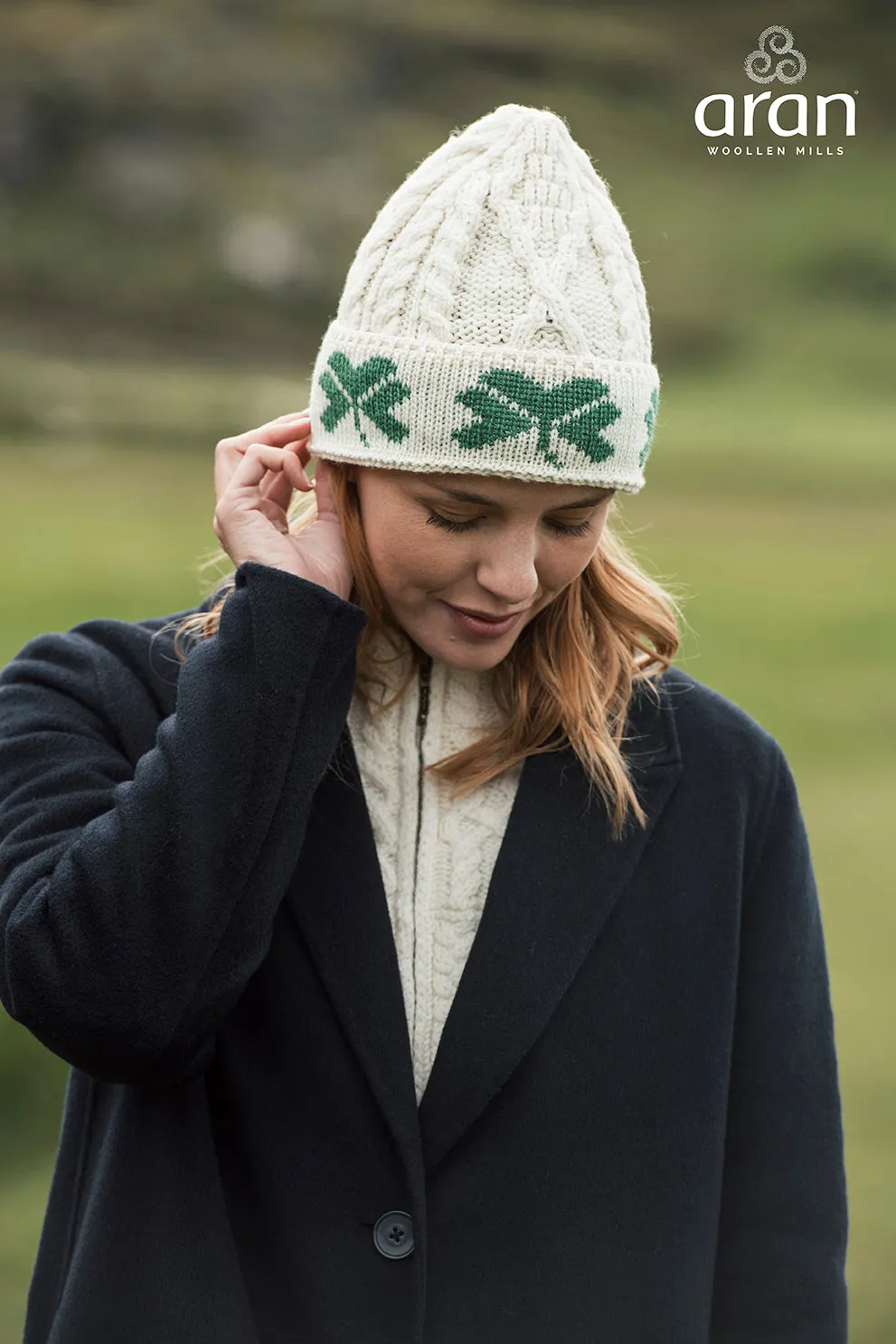 Merino Wool Hat With Shamrock Design by Aran Mills