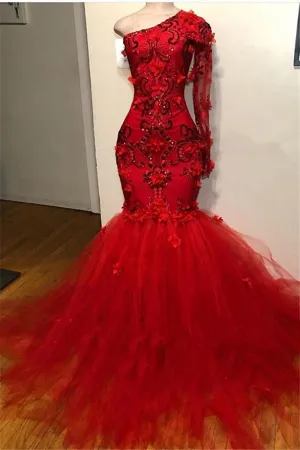 Mermaid 2025 Red Long Sleeves Tulle Beaded Long Prom Dresses