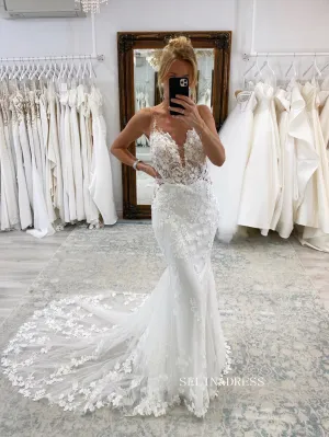 Mermaid Deep V neck Wedding Dresses Romantic 3D Floral Lace Bidal Dresses JKP015