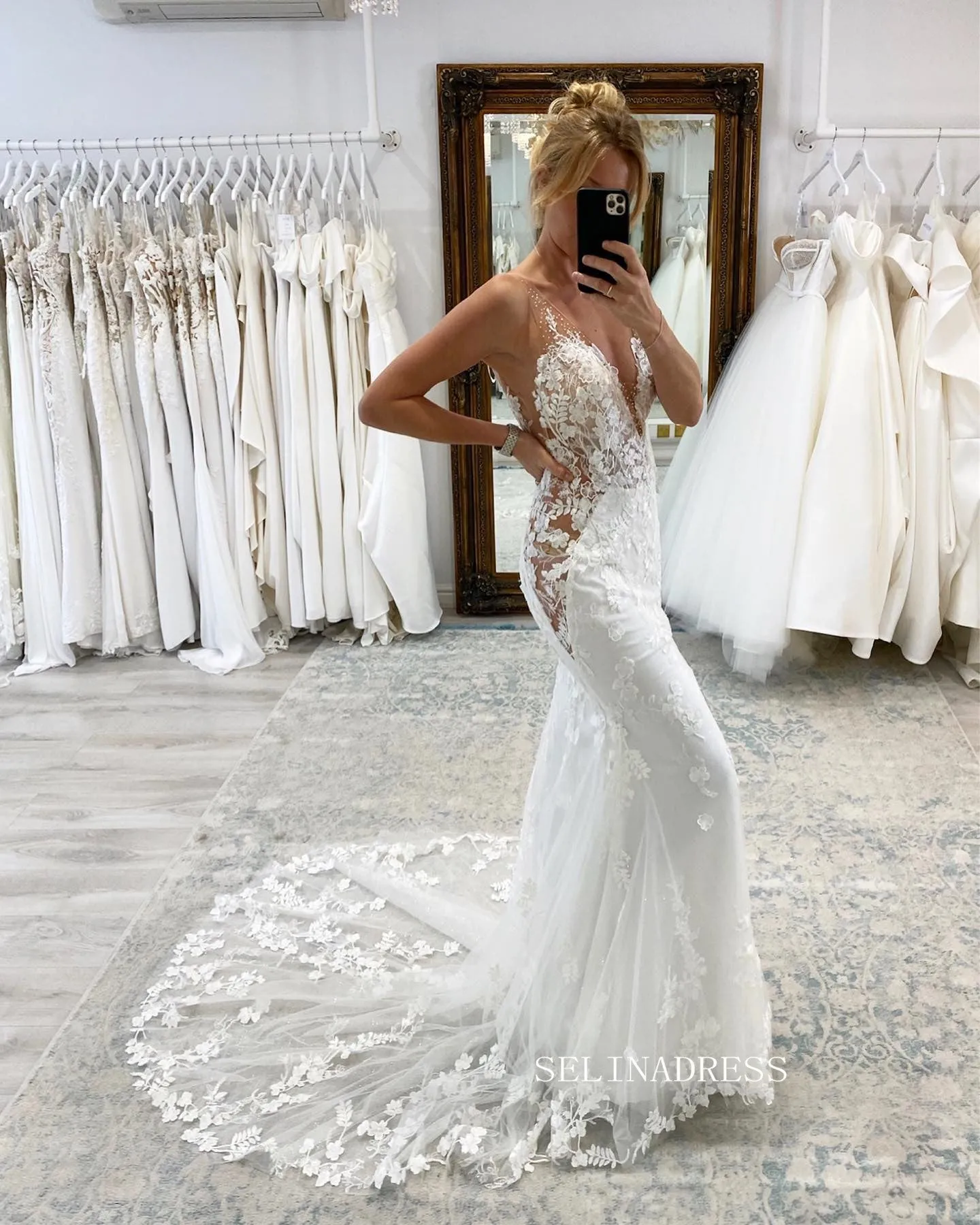 Mermaid Deep V neck Wedding Dresses Romantic 3D Floral Lace Bidal Dresses JKP015