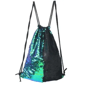 Mermaid Glittering Sequin Drawstring Sports Backpack Shoulder Bag(Bright Black)