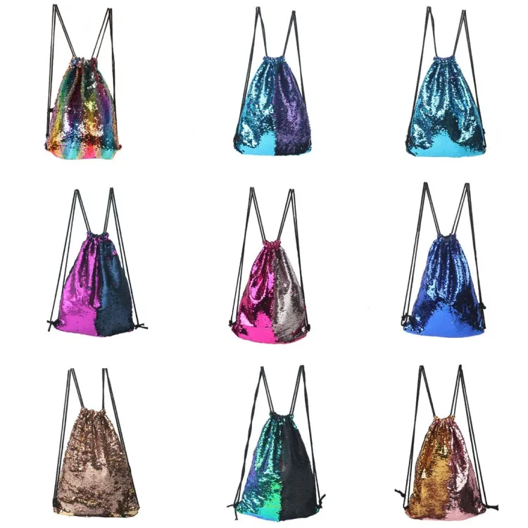 Mermaid Glittering Sequin Drawstring Sports Backpack Shoulder Bag(Sapphire Blue Silver)