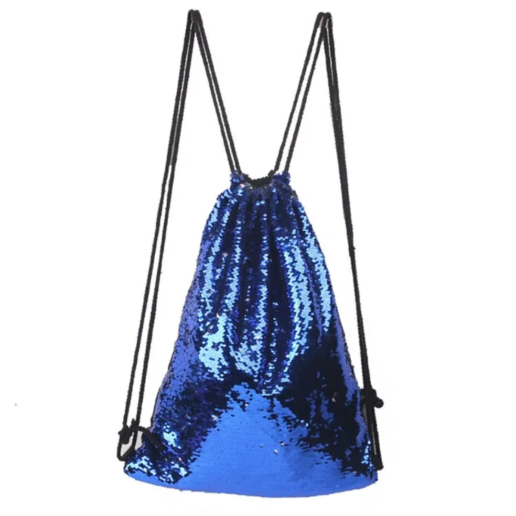 Mermaid Glittering Sequin Drawstring Sports Backpack Shoulder Bag(Sapphire Blue Silver)