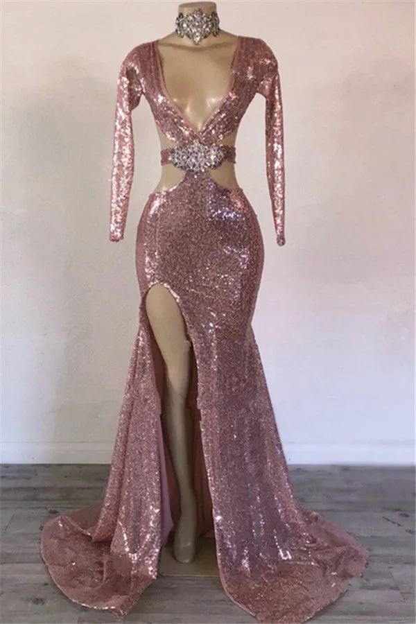 Mermaid Gorgeous Sequins V-Neck Long-Sleeves Side-Slit Prom Dresses