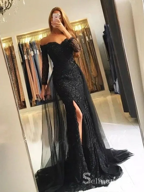 Mermaid Long Sleeve Black Lace Long Prom Dresses Cheap Evening Dress MHL166