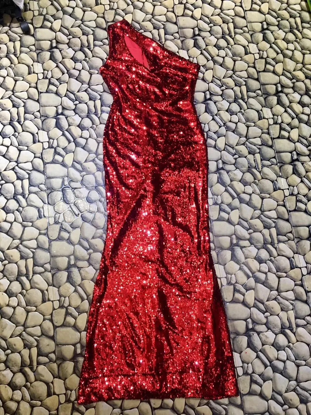 Mermaid Sequin Evening Dress Female Slanted One-Shoulder-Off Backless Mopping Dress