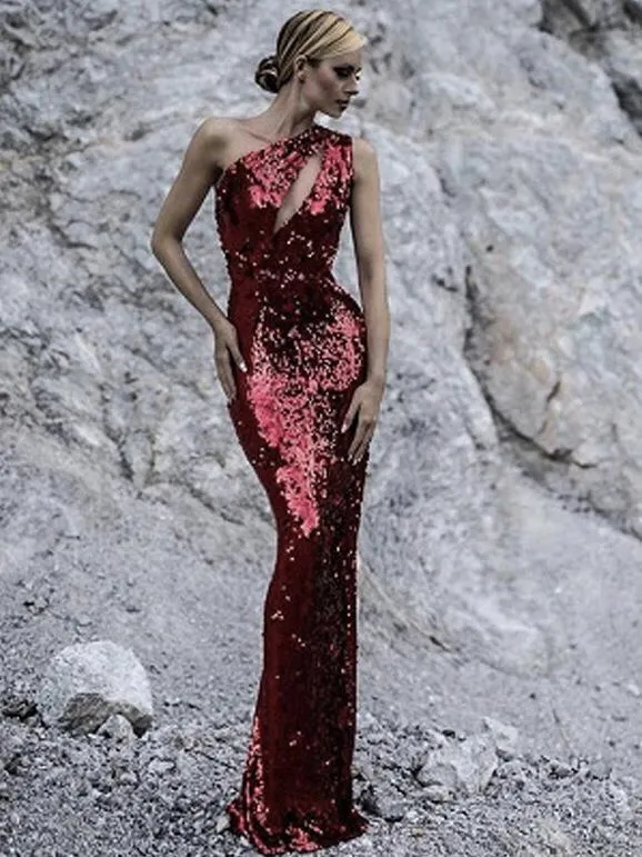 Mermaid Sequin Evening Dress Female Slanted One-Shoulder-Off Backless Mopping Dress