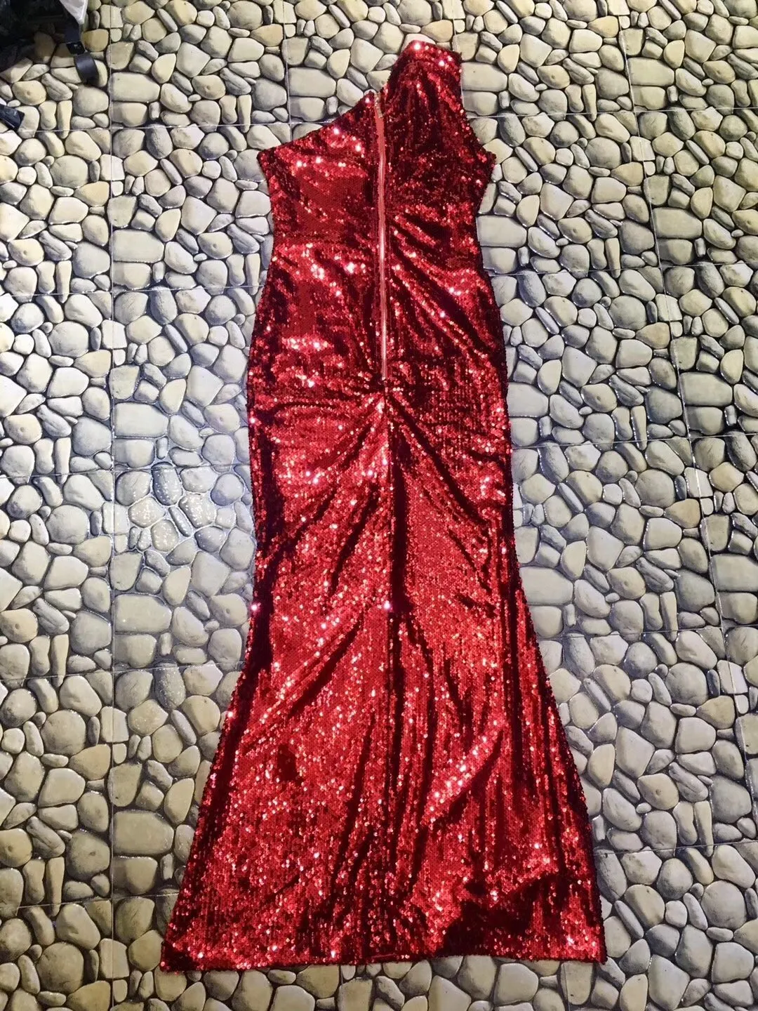 Mermaid Sequin Evening Dress Female Slanted One-Shoulder-Off Backless Mopping Dress