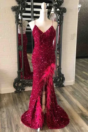 Mermaid Sequins Lace-Up Back Slit Long Prom Dress with Feathers Formal Gowns #POL118