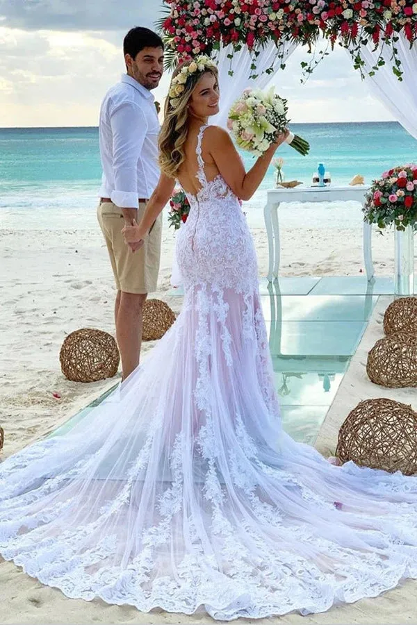 Mermaid Spaghetti Straps Lace Wedding Dress Beach Bridal Gown WD642