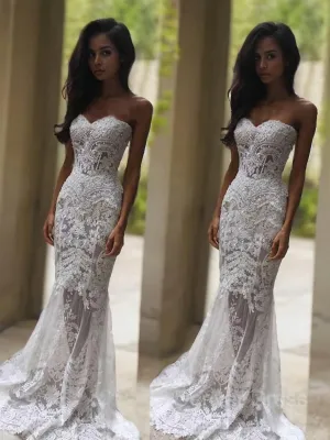 Mermaid Sweetheart Court Train Lace Wedding Dresses With Appliques Lace