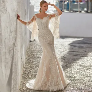 Mermaid Wedding Sheer Neck Lace Bridal Gown with Flare Sleeves Custom Made Champagne Bride Dress