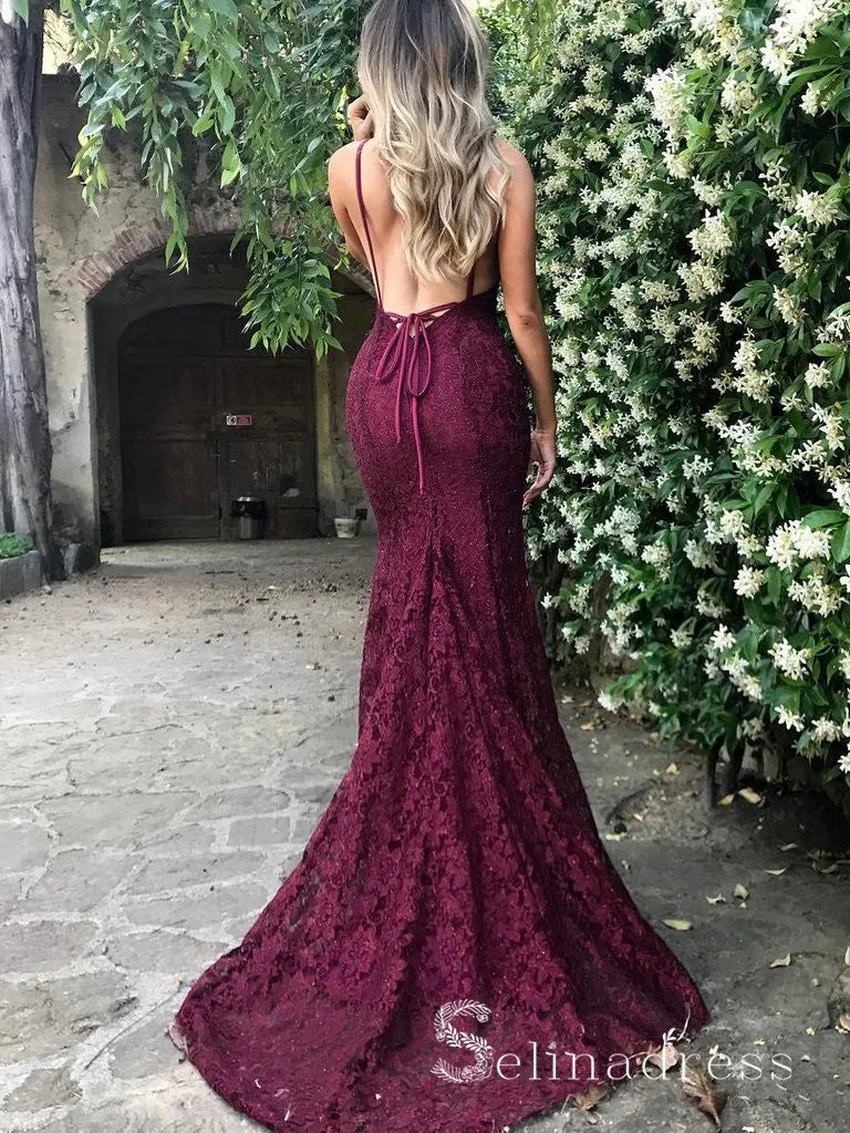 Mermiad Open Back Burgundy Prom Dresses Sexy V neck Lace Long Formal Dress SED113