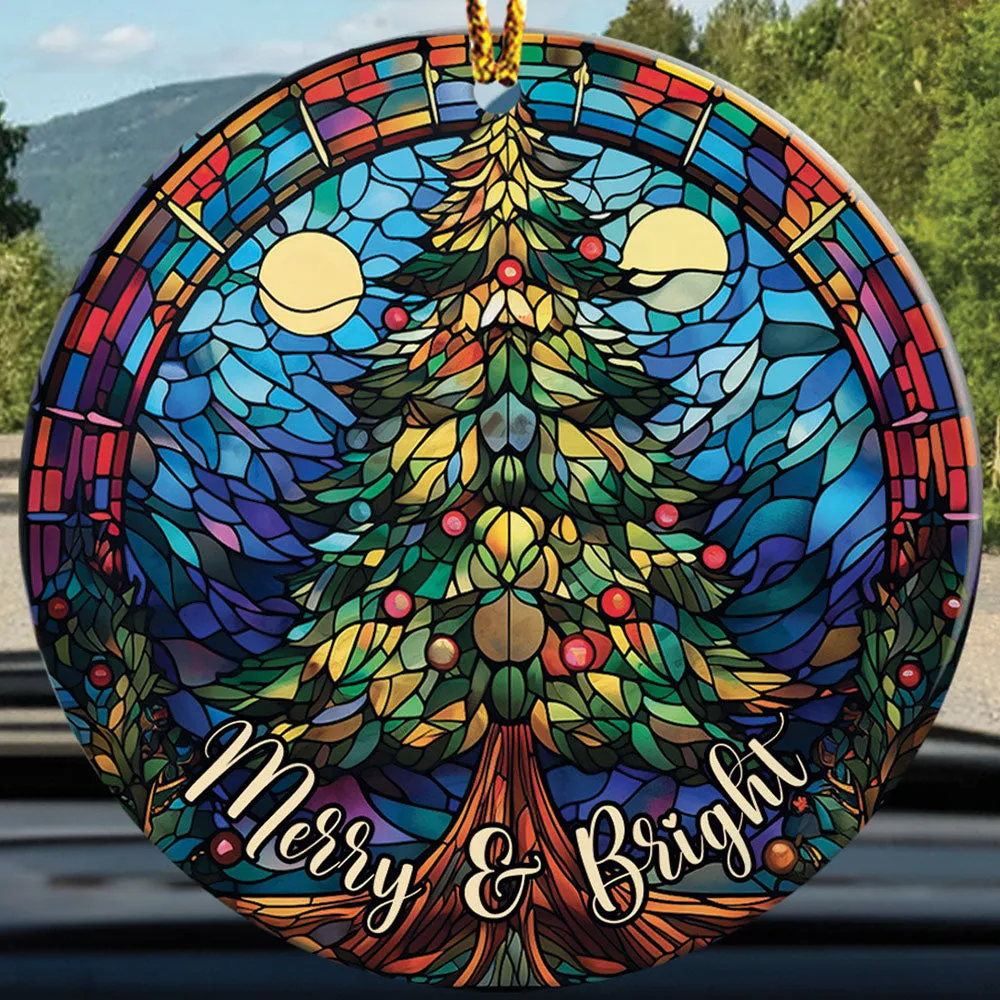 Merry And Bright Pine Tree Stained Glass Art Cirle Ceramic Ornament