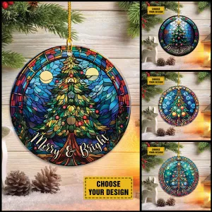 Merry And Bright Pine Tree Stained Glass Art Cirle Ceramic Ornament