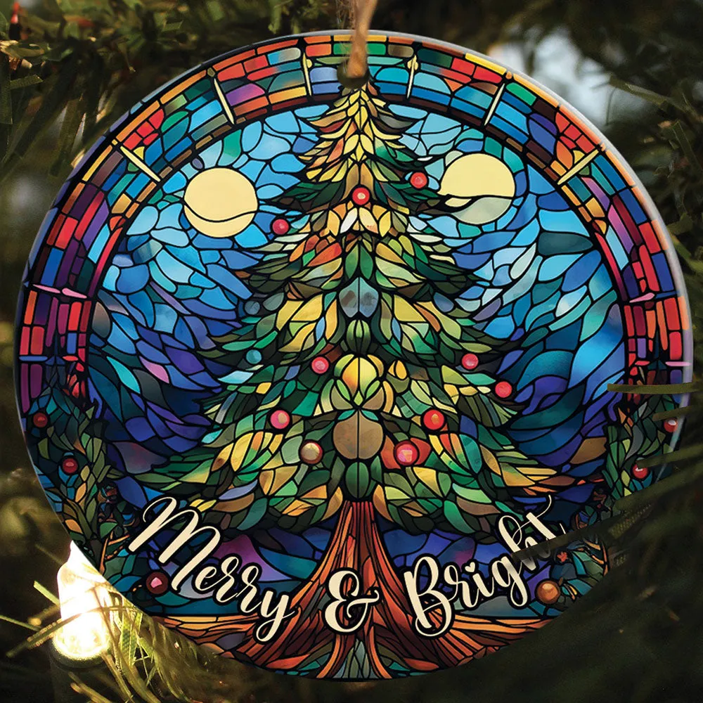 Merry And Bright Pine Tree Stained Glass Art Cirle Ceramic Ornament