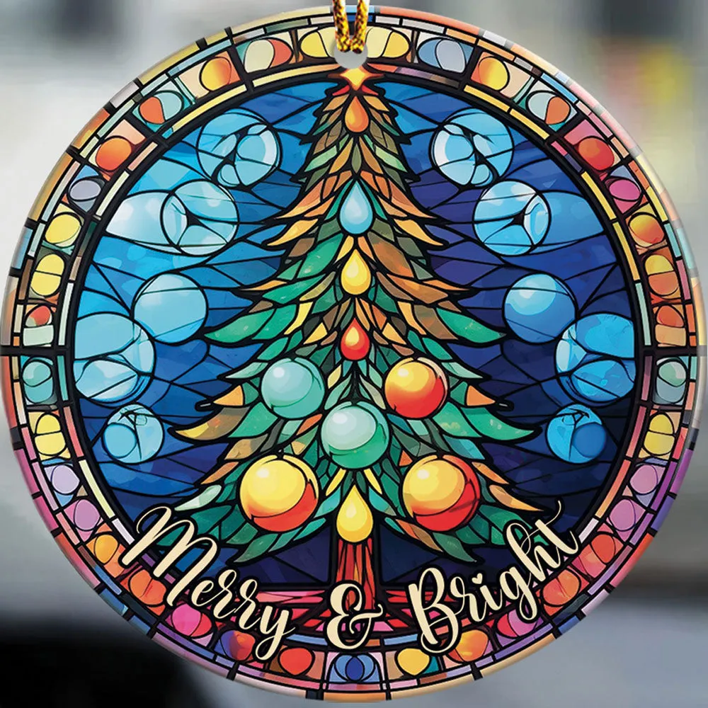 Merry And Bright Pine Tree Stained Glass Art Cirle Ceramic Ornament