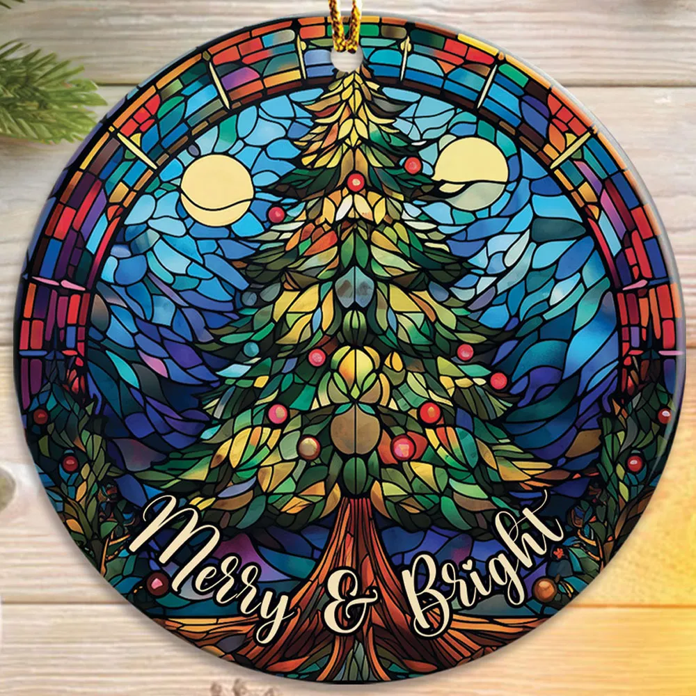 Merry And Bright Pine Tree Stained Glass Art Cirle Ceramic Ornament