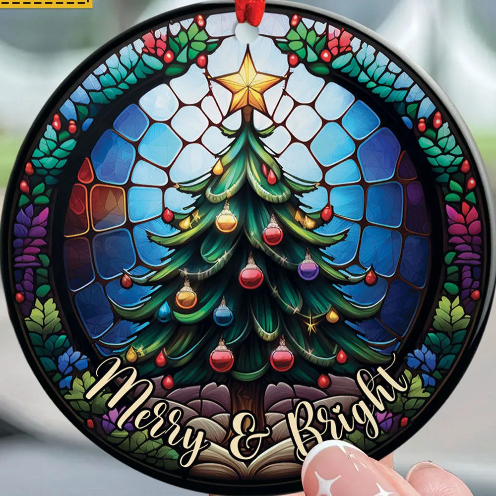 Merry And Bright Pine Tree Stained Glass Art Cirle Ceramic Ornament