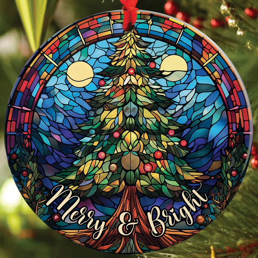 Merry And Bright Pine Tree Stained Glass Art Cirle Ceramic Ornament