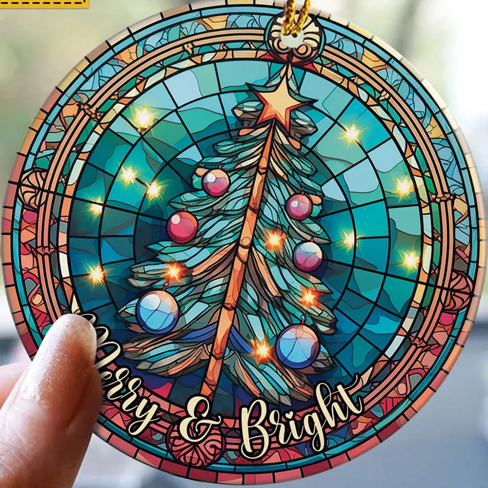 Merry And Bright Pine Tree Stained Glass Art Cirle Ceramic Ornament