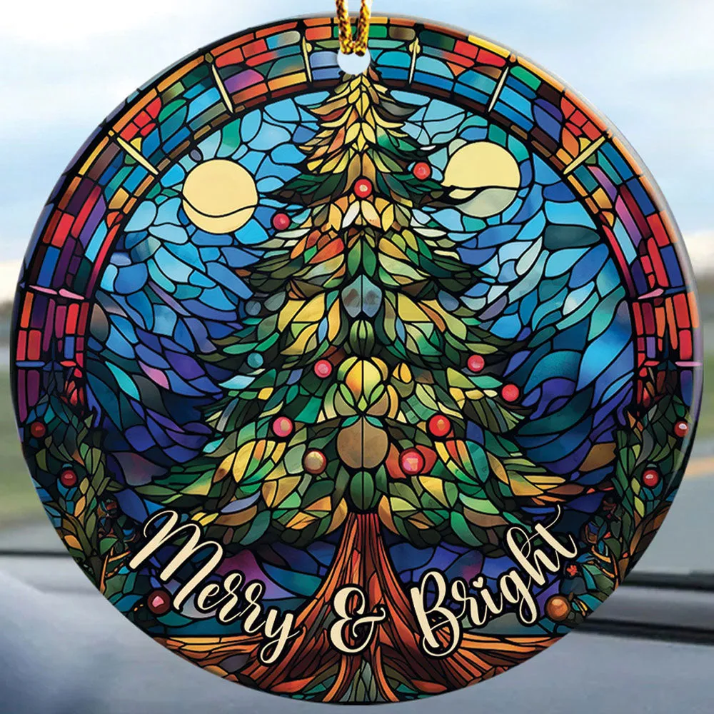 Merry And Bright Pine Tree Stained Glass Art Cirle Ceramic Ornament