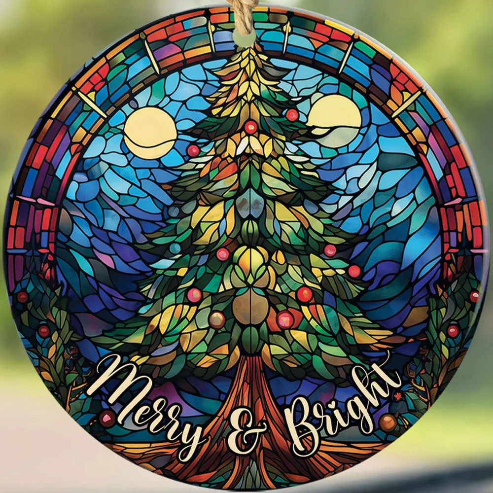 Merry And Bright Pine Tree Stained Glass Art Cirle Ceramic Ornament