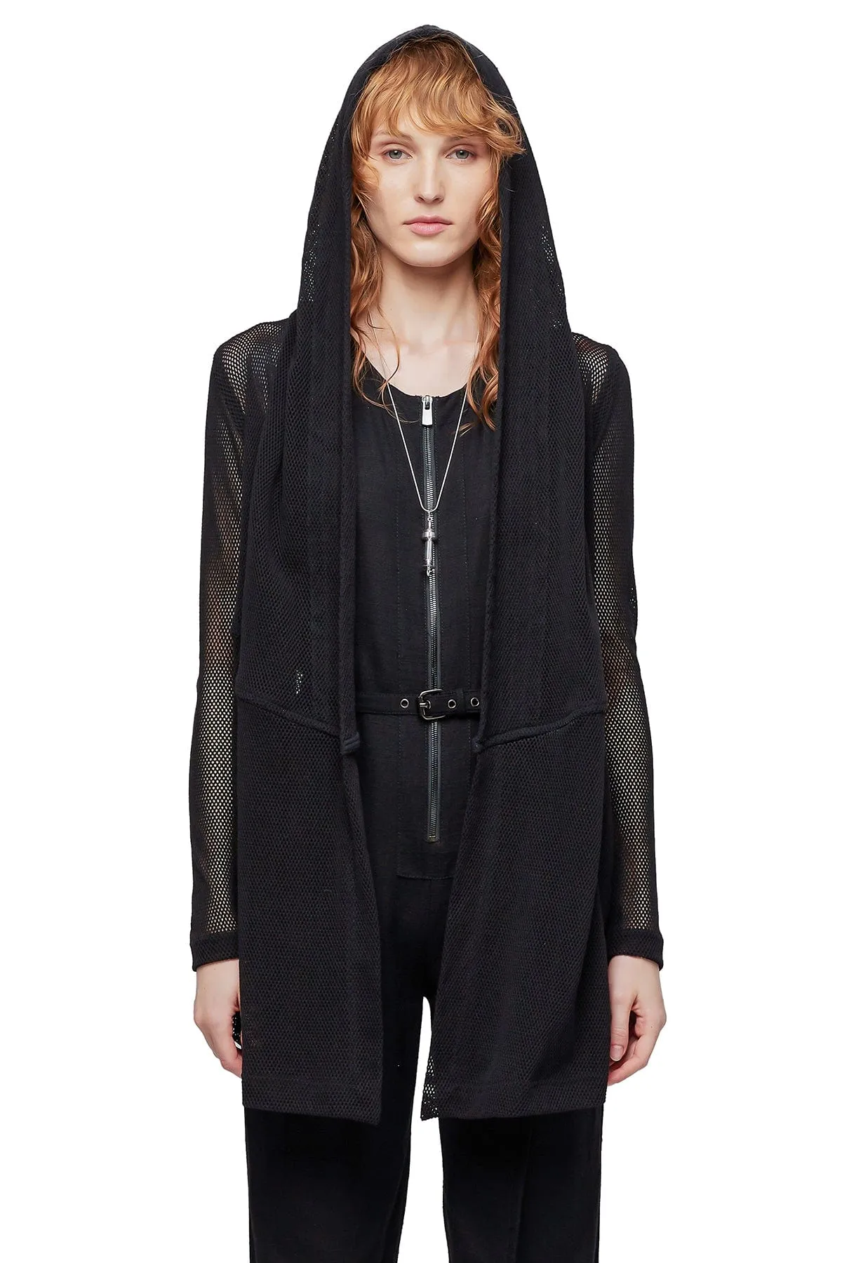 MESH DRAPED HOODIE IN BLACK