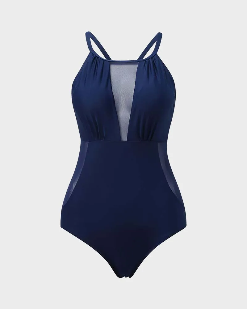 Mesh Panel Cross-Back One-Piece Swimsuit